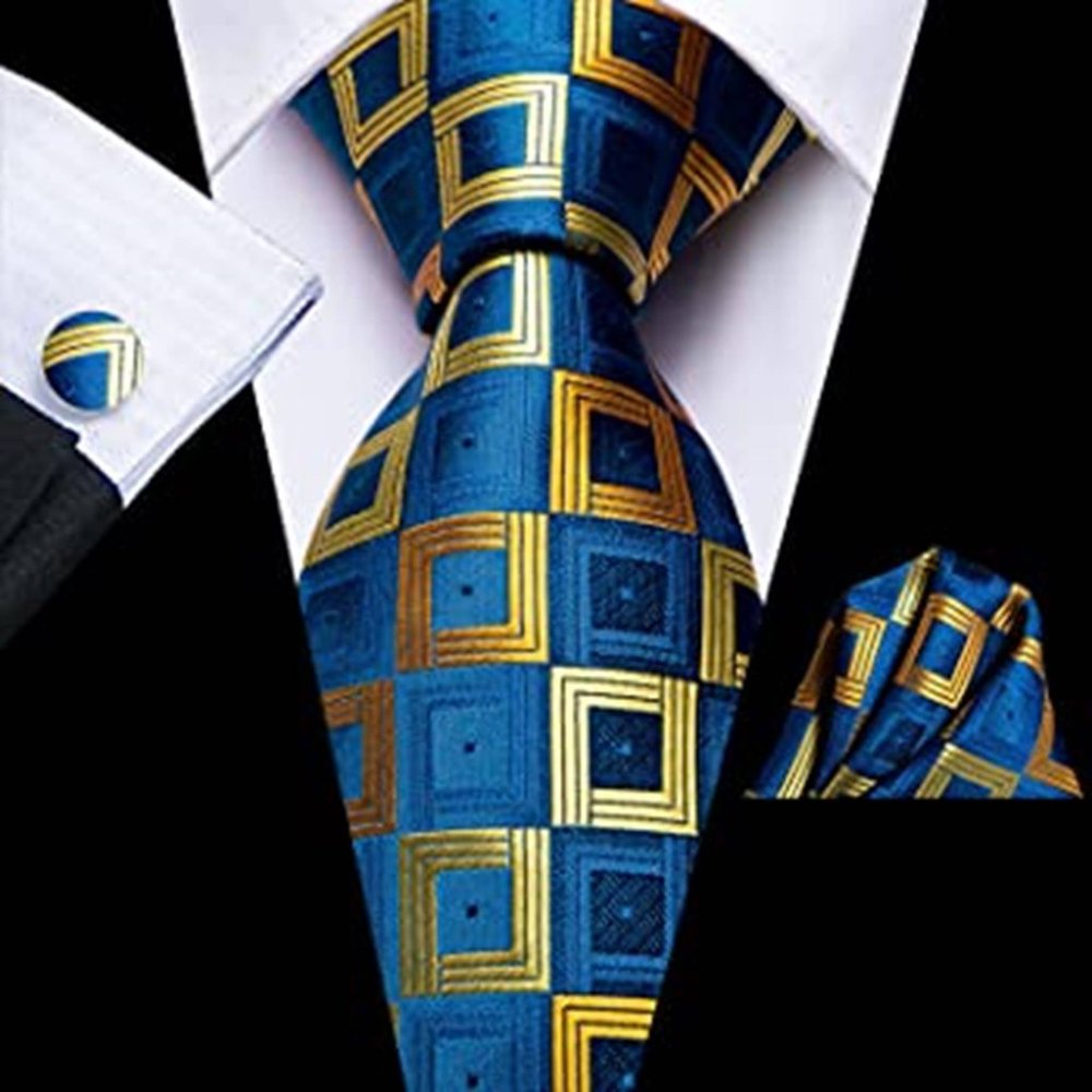 Blue Gold Silk Plaid Necktie Pocket Square Cufflinks Set
